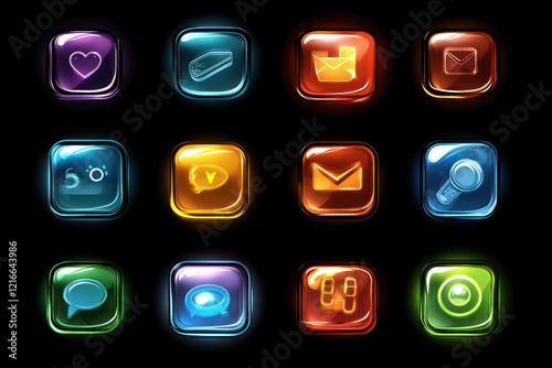 Modern communication icons with a glossy finish, featuring symbols like smartphones, messaging apps, and video calls, rendered in a sleek, high-tech style photo