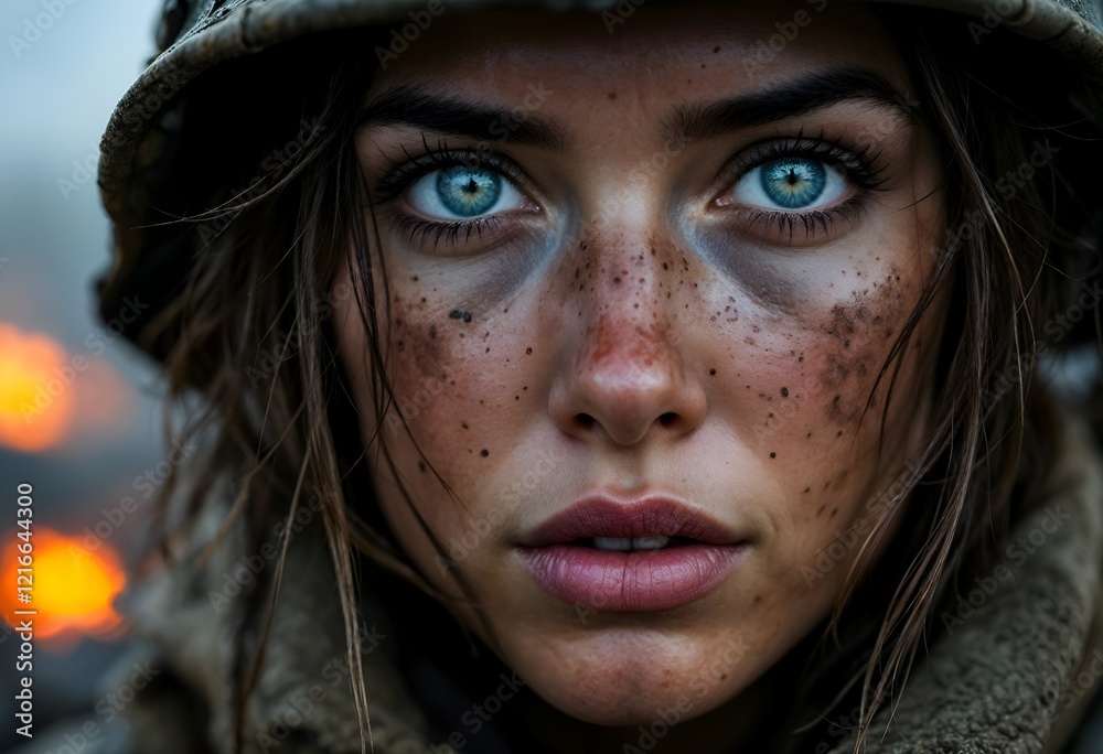 Close-up of a Woman with War Paint, Intense Gaze Close-up of a Woman with War Paint, Intense Gaze