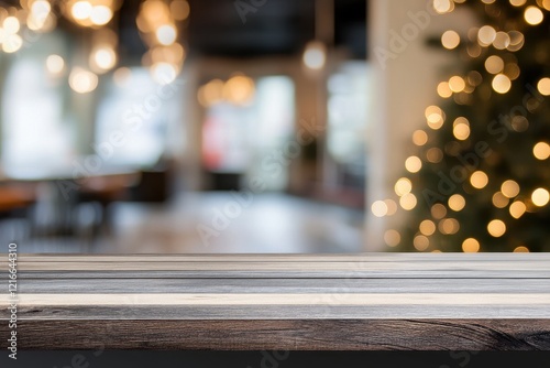 Wooden table, festive cafe backdrop, bokeh lights, Christmas tree, product display photo