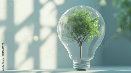 Green tree inside lightbulb; sustainable energy concept