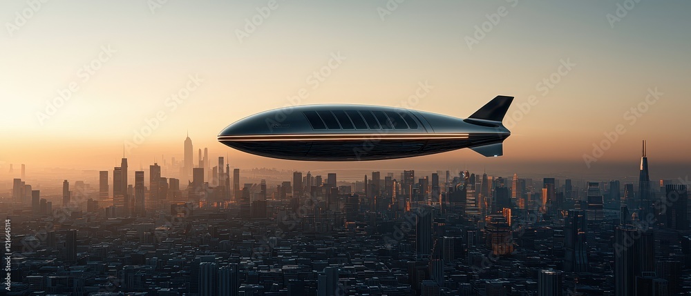 Floating airborne smooth concept. A blimp glides over a city skyline during sunset, showcasing urban life and innovative air travel. Floating airborne smooth concept. A blimp glides over a city skyline during sunset, showcasing urban life and innovative air travel.