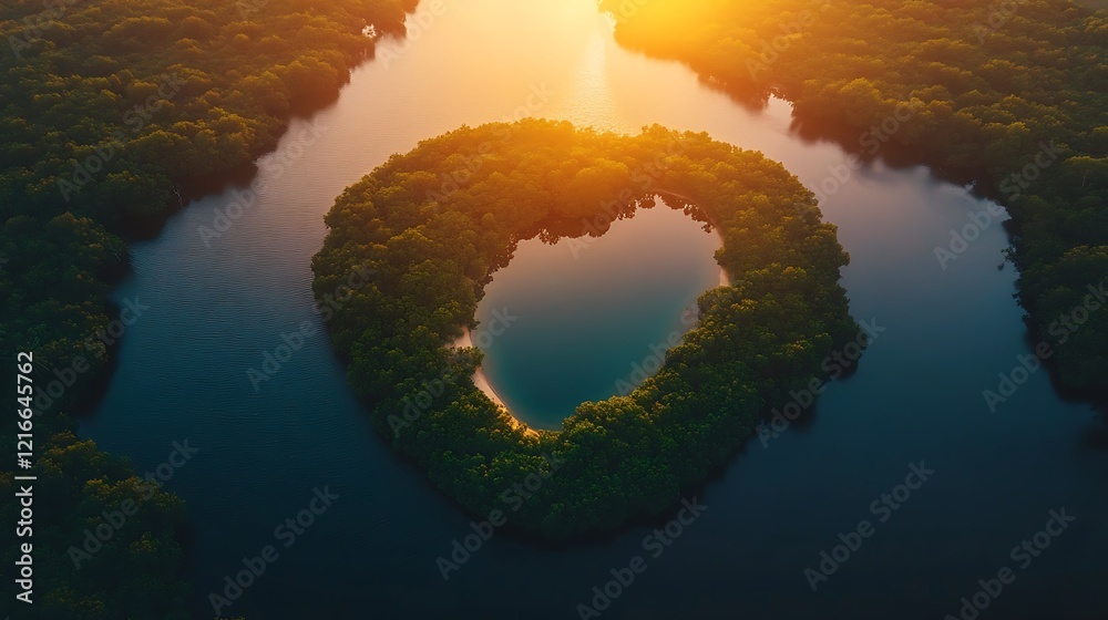 Fototapeta premium Heart Shaped Island Sunset Aerial View