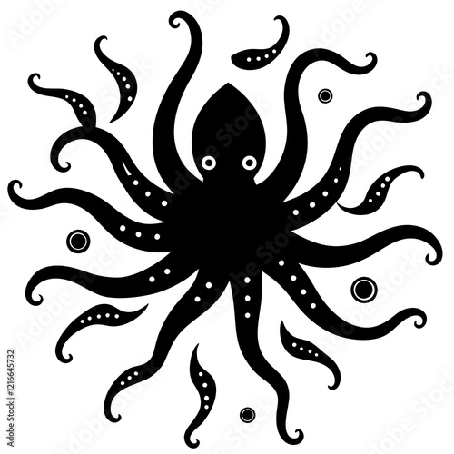 A vibrant purple octopus underwater with its tentacles spread out, surrounded by small fish, vector illustration.