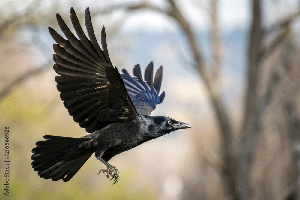 Fototapeta premium Close-up image of a black bird in flight with blurred background, wingspan, blur, aerodynamics, feathers