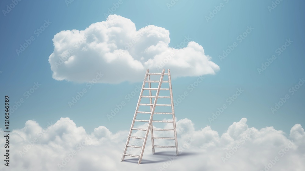 A wooden ladder ascending into the sky, disappearing into the clouds on a sunny day. A wooden ladder ascending into the sky, disappearing into the clouds on a sunny day.