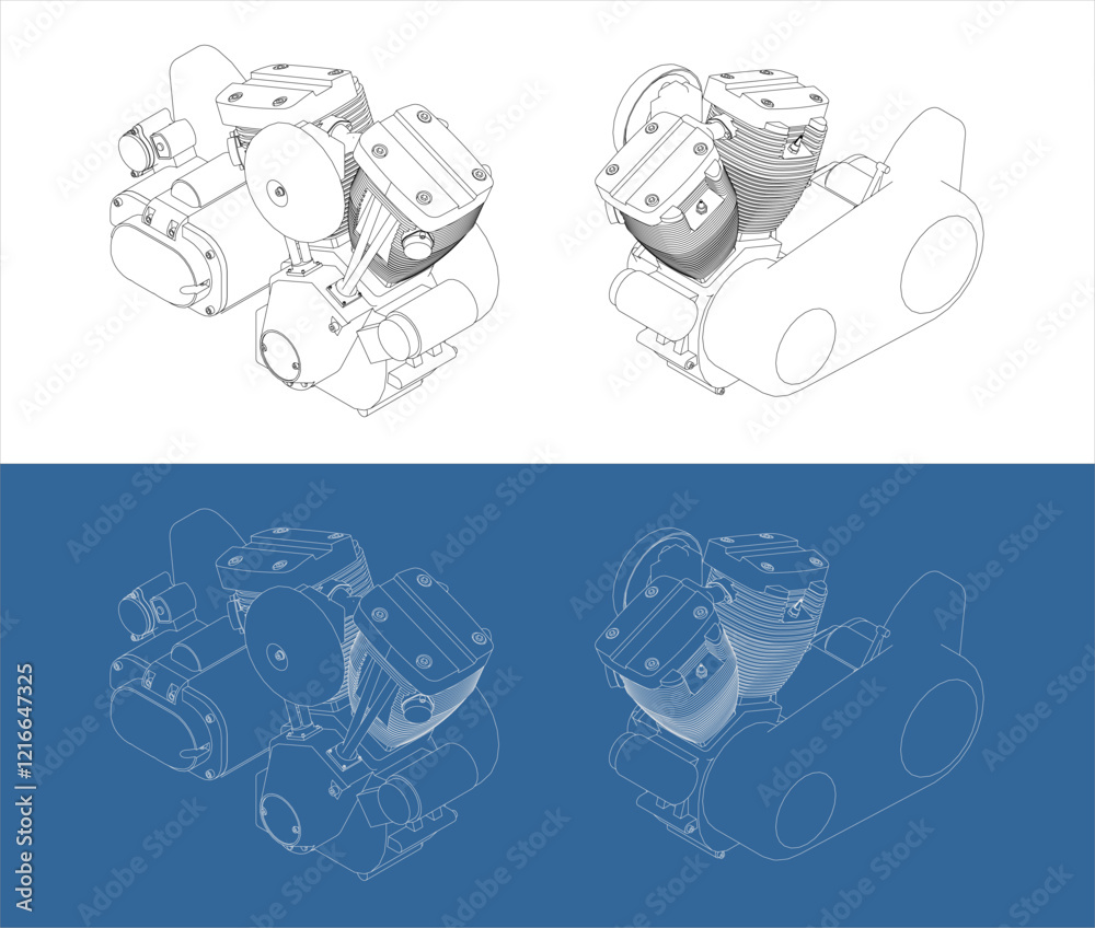 V-twin Motorcycles engine line drawing technical blueprints Illustration Isometric view. vector isolated on transparent background V-twin Motorcycles engine line drawing technical blueprints Illustration Isometric view. vector isolated on transparent background