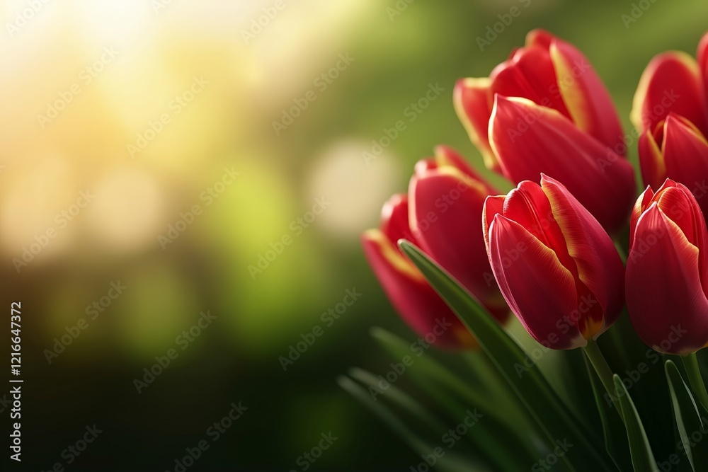Naklejka premium A close-up of red tulips with yellow edges, illuminated by soft sunlight, against a blurred green and golden background, evoking warmth and the beauty of spring