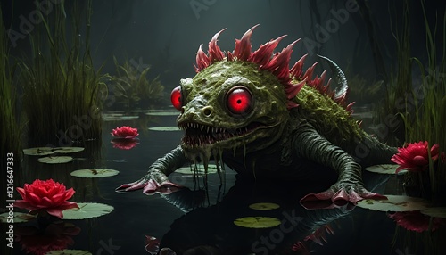 Nightmarish Creature in Swamp: A 3D Render of a Monstrous Amphibian Lurking in a Dark, Still Pond, Surrounded by Lily Pads and Red Water Lilies. photo