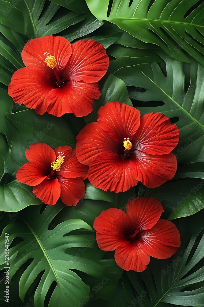 custom made wallpaper toronto digitalVibrant Red Hibiscus Blossoms Amid Lush Tropical Monstera Leaves