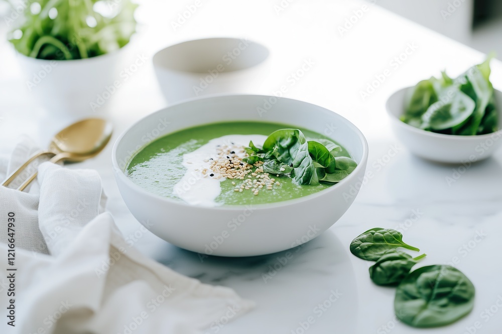Vibrant Green Spinach and Coconut Soup with Toasted Sesame Seeds in a Luxurious Setting Vibrant Green Spinach and Coconut Soup with Toasted Sesame Seeds in a Luxurious Setting