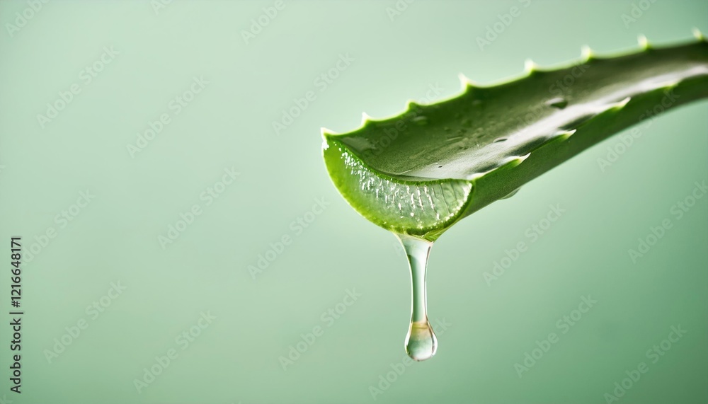 Fototapeta premium Aloe vera gel drips from a fresh slice of aloe vera on a bright, clean background 