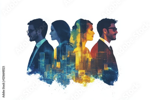 business team silhouette with colorful city overlay