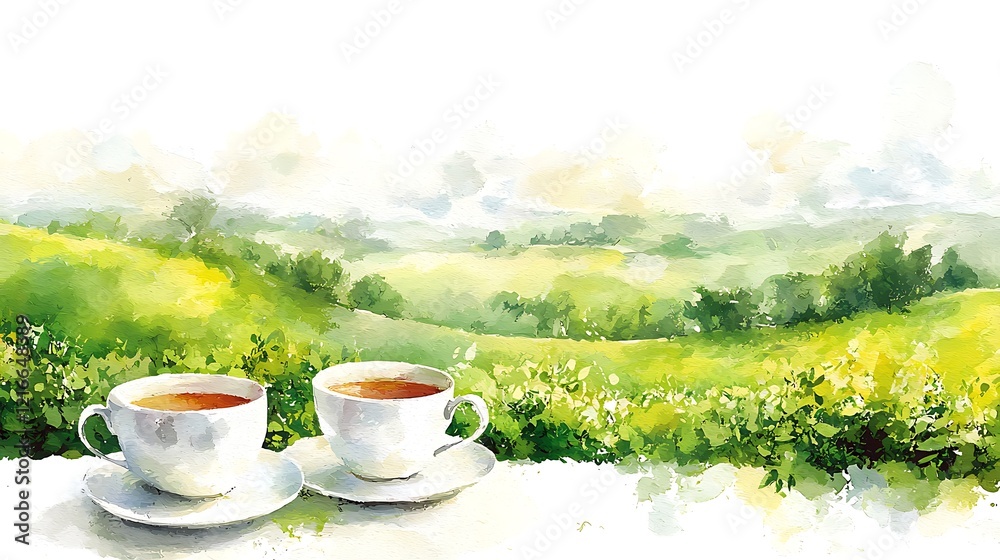 Watercolor Painting of Two Cups of Tea Overlooking a Serene Green Landscape. Watercolor Painting of Two Cups of Tea Overlooking a Serene Green Landscape.
