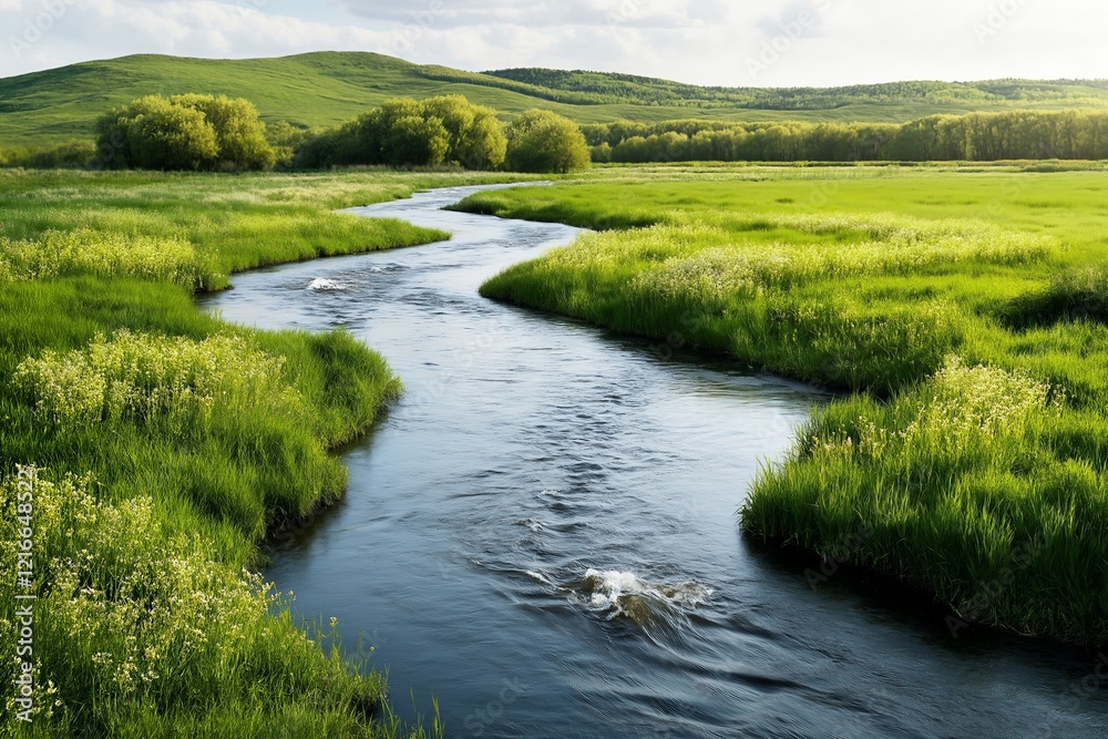 A peaceful river winding through a vibrant green meadow, surrounded by wildflowers and gently rolling hills under a bright, sunny sky A peaceful river winding through a vibrant green meadow, surrounded by wildflowers and gently rolling hills under a bright, sunny sky