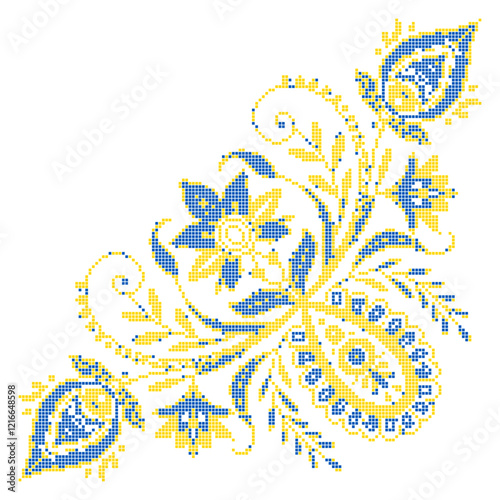 Vector illustration of Ukrainian floral ornament in ethnic style, identity, vyshyvanka, embroidery for print clothes, websites, banners. Background. Geometric design, copy space, frame