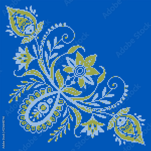 Vector illustration of Ukrainian floral ornament in ethnic style, identity, vyshyvanka, embroidery for print clothes, websites, banners. Background. Geometric design, copy space, frame