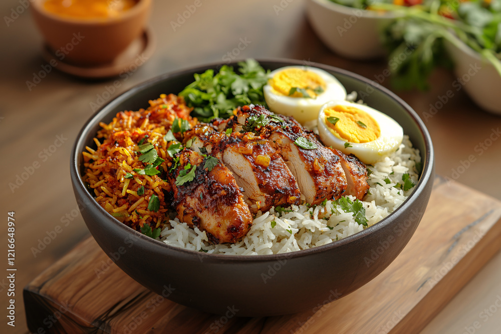 Delicious Chicken Biryani Dish with Aromatic Spices and Fresh Side Accompaniments Delicious Chicken Biryani Dish with Aromatic Spices and Fresh Side Accompaniments