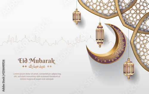 islamic greetings eid mubarak template design with islamic decoration, crescent moon and lanterns
