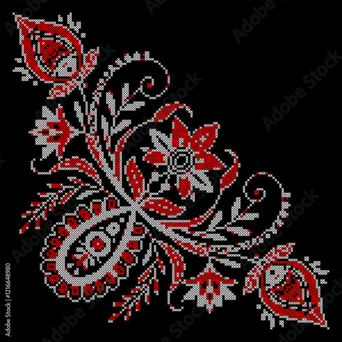 Vector illustration of Ukrainian floral ornament in ethnic style, identity, vyshyvanka, embroidery for print clothes, websites, banners. Background. Geometric design, copy space, frame