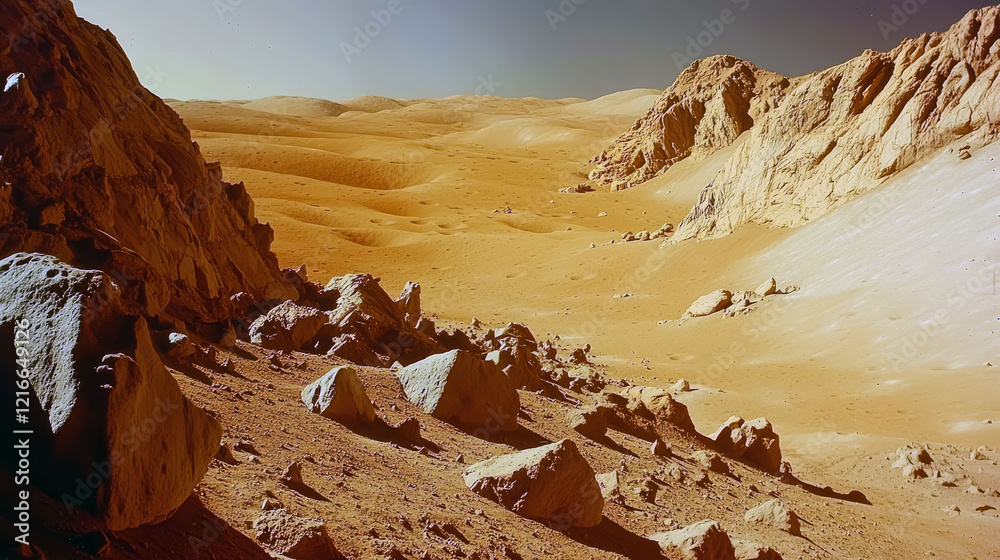 Naklejka premium Martian Desert Landscape: A Breathtaking Panorama of Rocks and Sand Dunes