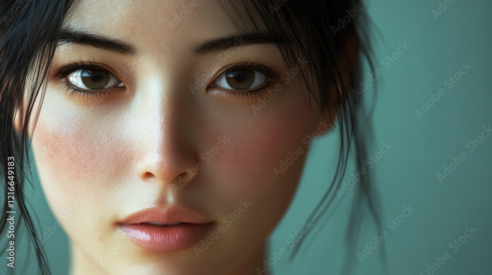 Close-up portrait showcasing the captivating features of a young woman with dark hair and expressive eyes in soft natural light Close-up portrait showcasing the captivating features of a young woman with dark hair and expressive eyes in soft natural light