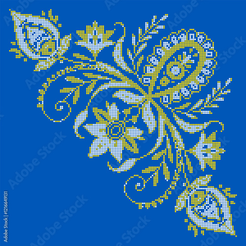 Vector illustration of Ukrainian floral ornament in ethnic style, identity, vyshyvanka, embroidery for print clothes, websites, banners. Background. Geometric design, copy space, frame