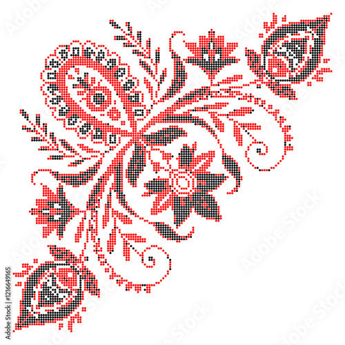 Vector illustration of Ukrainian floral ornament in ethnic style, identity, vyshyvanka, embroidery for print clothes, websites, banners. Background. Geometric design, copy space, frame