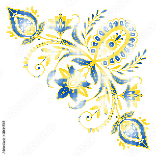 Vector illustration of Ukrainian floral ornament in ethnic style, identity, vyshyvanka, embroidery for print clothes, websites, banners. Background. Geometric design, copy space, frame