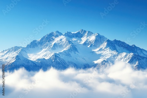 Mountain peaks piercing through a blanket of clouds, standing majestically against a clear blue sky, showcasing nature's grandeur. photo