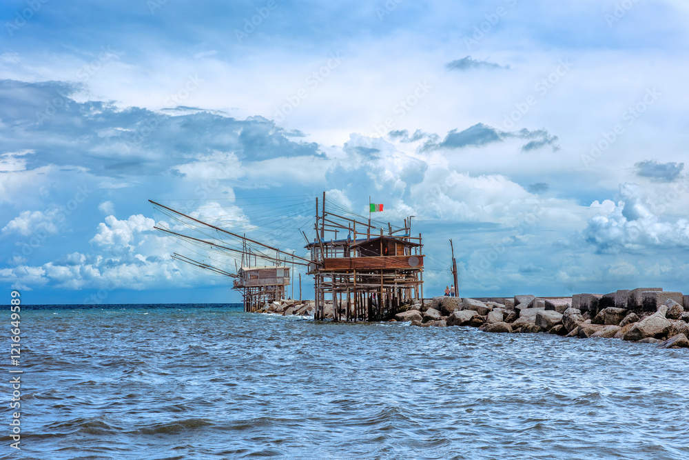 Coast of the Trabocchi, Trabocco in Marina di San Vito Chietino. The Trabocco is a traditional wooden fishing house on pilework typical of Adriatic sea, coast of Abruzzo, Italy