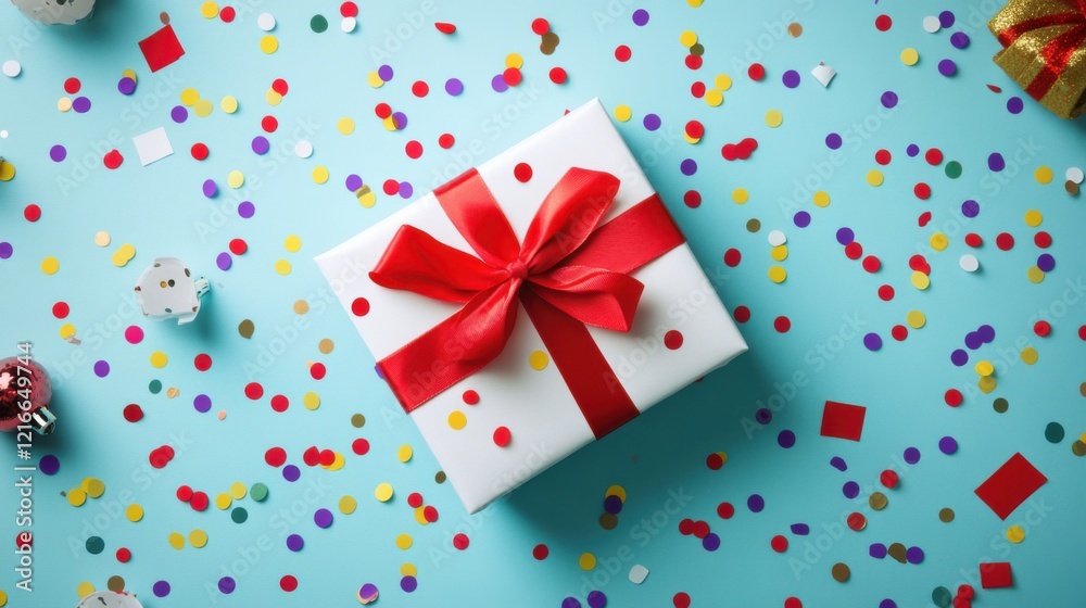 Unveiling Happiness: A Serene White Gift Box, Gracefully Embellished with a Classic Red Bow, Floating Elegantly Against a Sky-Blue Backdrop, Bestowing a Sense of Cheer and Wonder Unveiling Happiness: A Serene White Gift Box, Gracefully Embellished with a Classic Red Bow, Floating Elegantly Against a Sky-Blue Backdrop, Bestowing a Sense of Cheer and Wonder