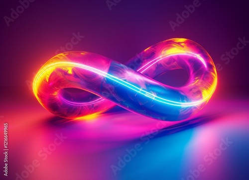 A glowing energetic abstract infinity loop featuring neon hues of pink, yellow, and blue on a bold, colorful background with smooth lighting