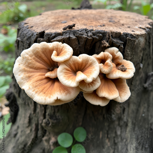 Split-gill mushroom Schizophyllum commune - saprophytic wood fungus on an old oak tree stump in a garden, Ukraine photo