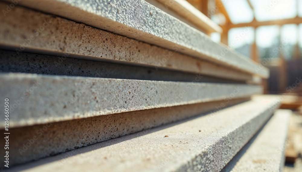 Stacked concrete slabs ready for construction at a building site during the day Stacked concrete slabs ready for construction at a building site during the day