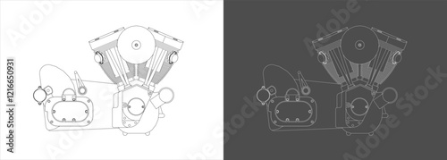 Motorcycles engine V-twin  Side view line drawing technical blueprints Illustration. vector isolated on transparent background