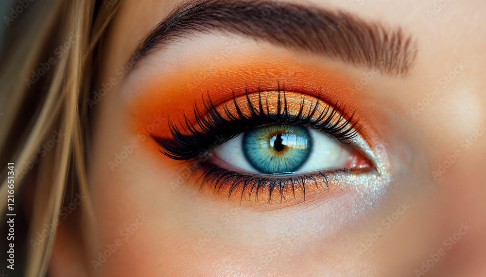 Obraz premium Vibrant eye makeup showcasing bold orange and blue tones for stunning visual appeal
