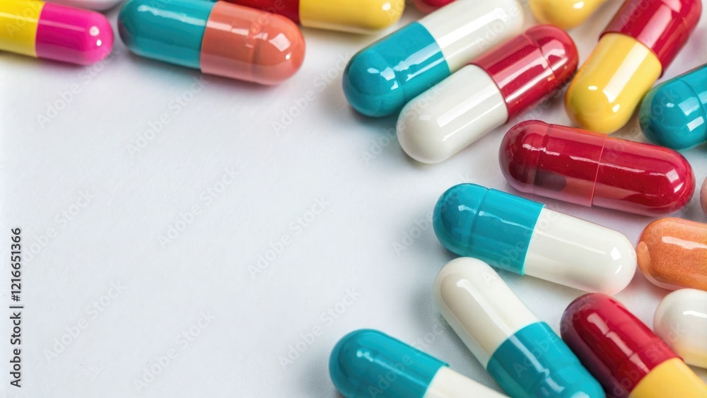 Close-up of individual antimicrobial capsule pills with vibrant colors, health, color palette, pill, science Close-up of individual antimicrobial capsule pills with vibrant colors, health, color palette, pill, science