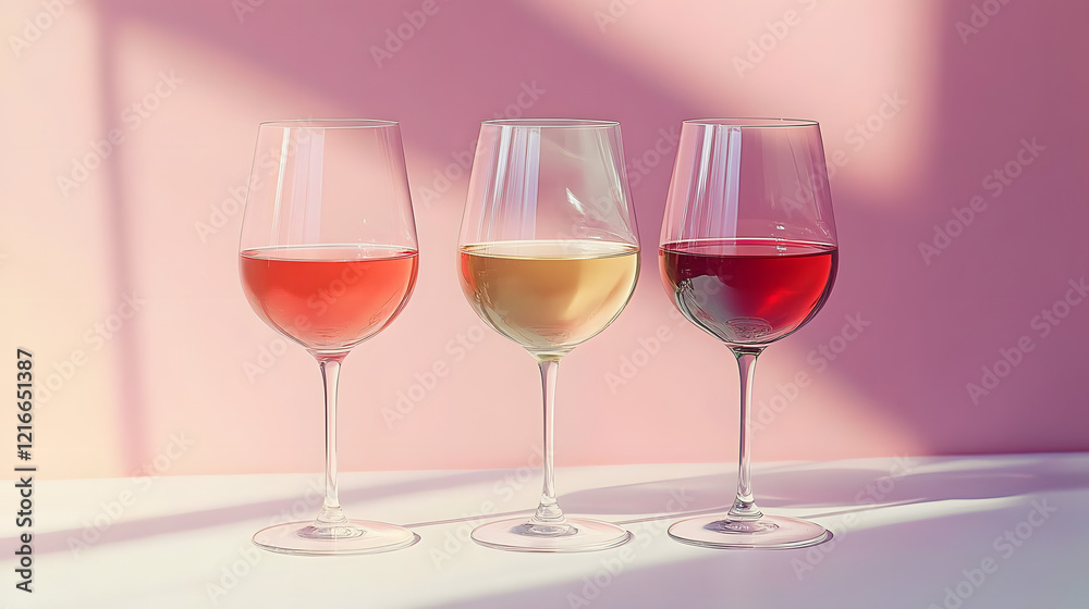 Three elegantly shaped glasses filled with red, white, and rose wine arranged neatly on a clean surface, illuminated by soft natural light against a pastel background Three elegantly shaped glasses filled with red, white, and rose wine arranged neatly on a clean surface, illuminated by soft natural light against a pastel background