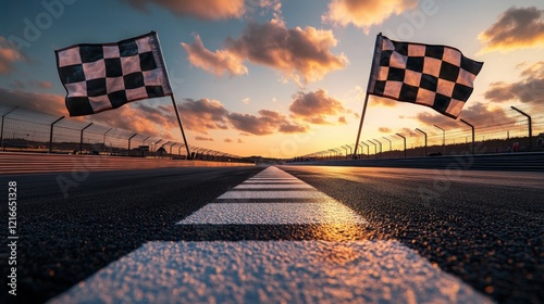 checkered flags mark the finish line of a race track at sunset