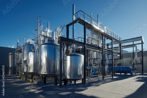 industrial plant with stainless steel tanks and pipes under a blue sky