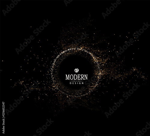 Round isolated frame with shiny golden tinsel, design element.
