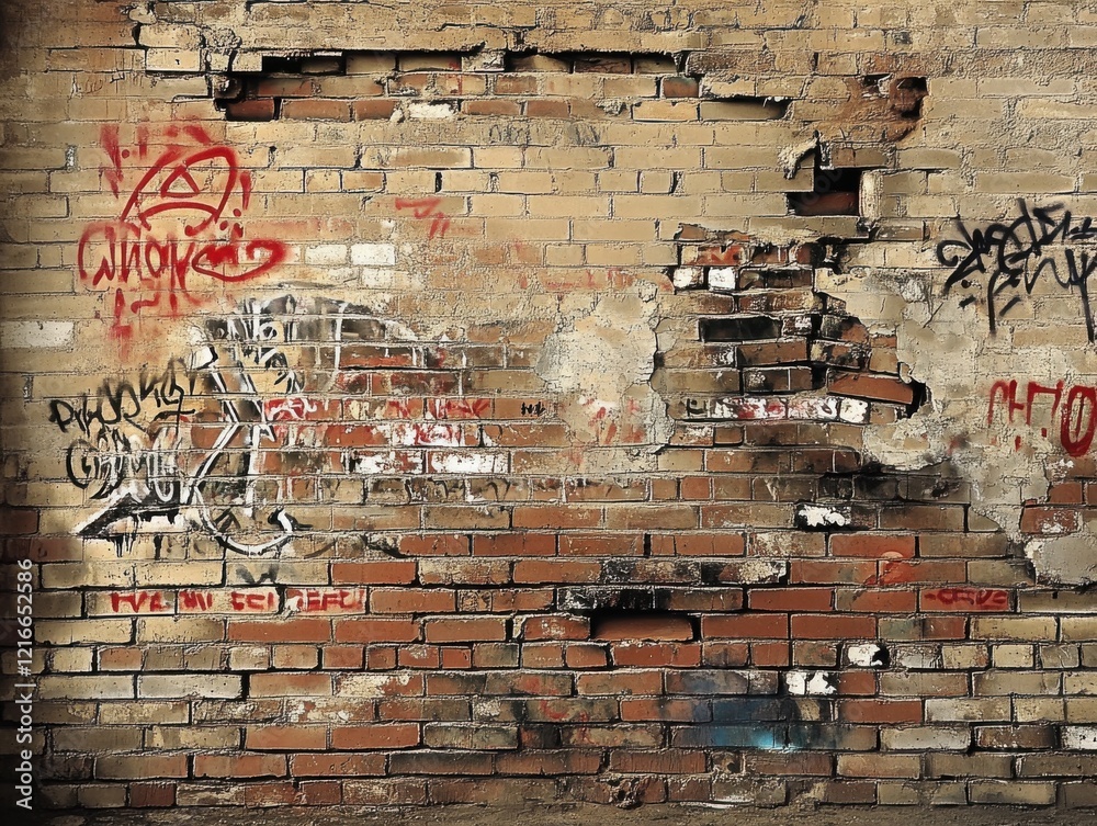 Naklejka premium Damaged brick wall with colorful graffiti showcasing urban art in a city alley during the afternoon sunlight