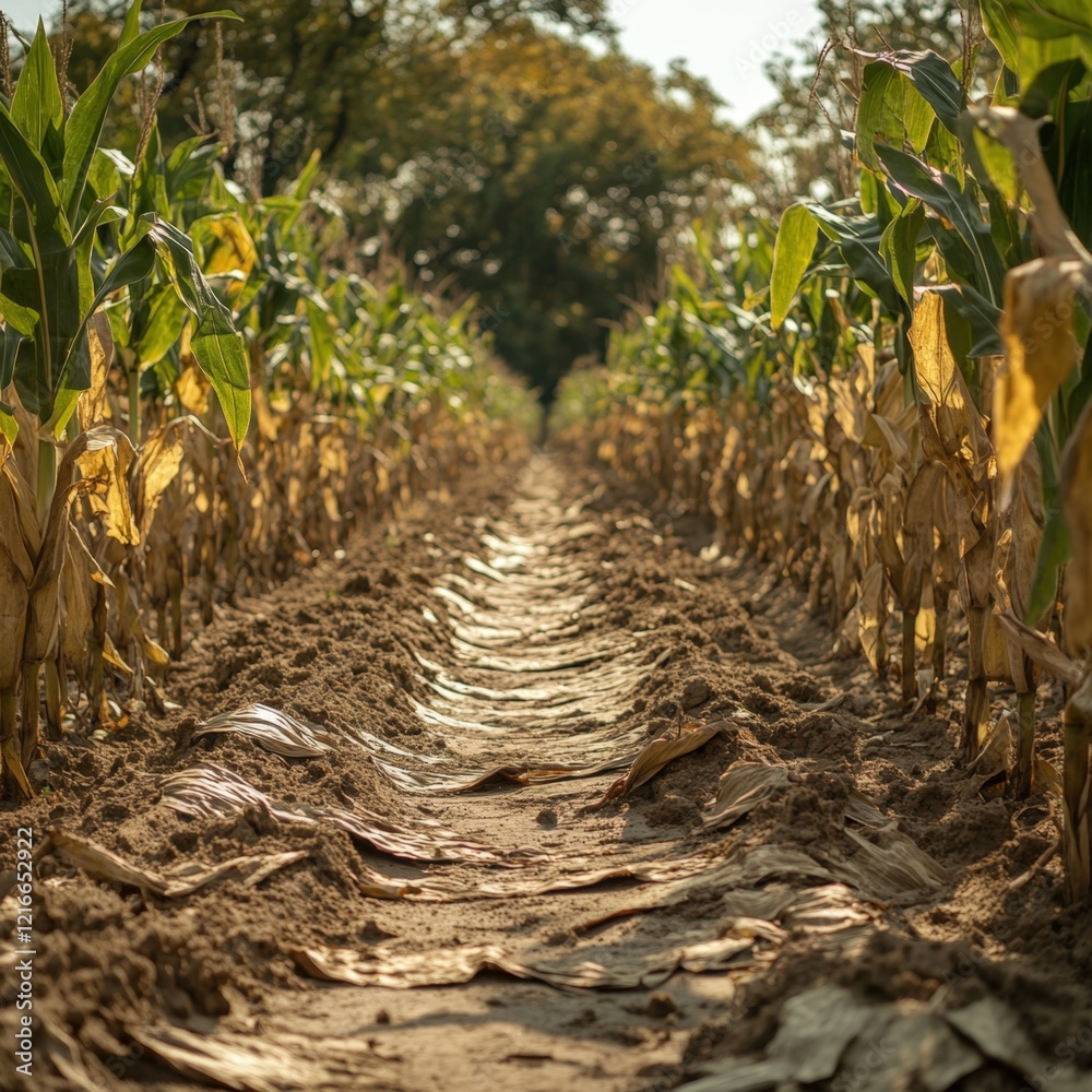 dirt path between rows of dry corn stalks in a field during harvest season dirt path between rows of dry corn stalks in a field during harvest season
