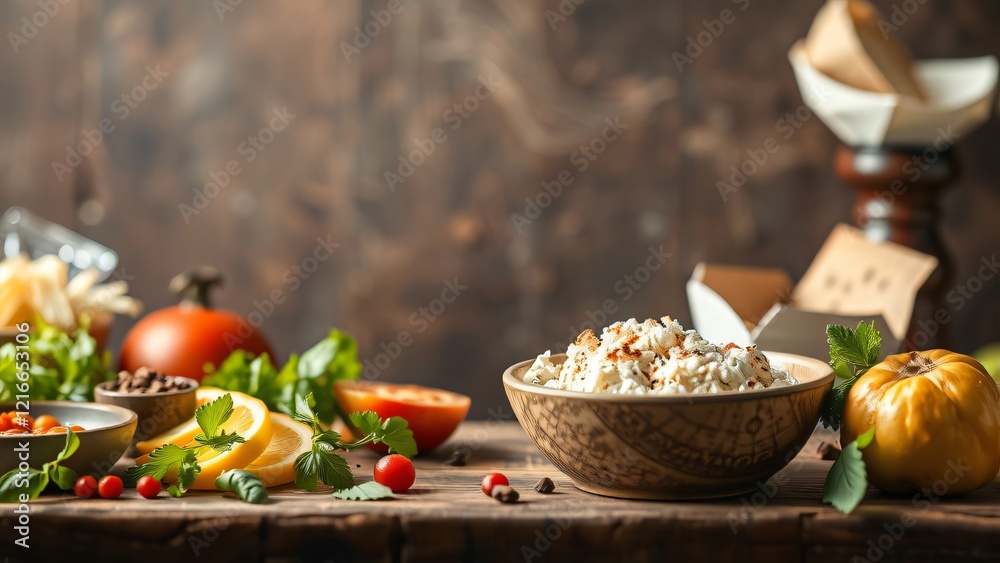 Rustic Autumnal Food Scene with Creamy Cheese and Fresh Ingredients Rustic Autumnal Food Scene with Creamy Cheese and Fresh Ingredients