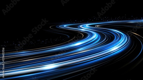 Curved road with motion blur effect amid blue light speed lines reflecting high-speed technology and online network themes