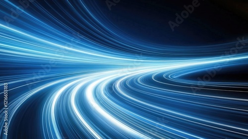 Curved road with motion blur effect amid blue light speed lines reflecting high-speed technology and online network themes photo