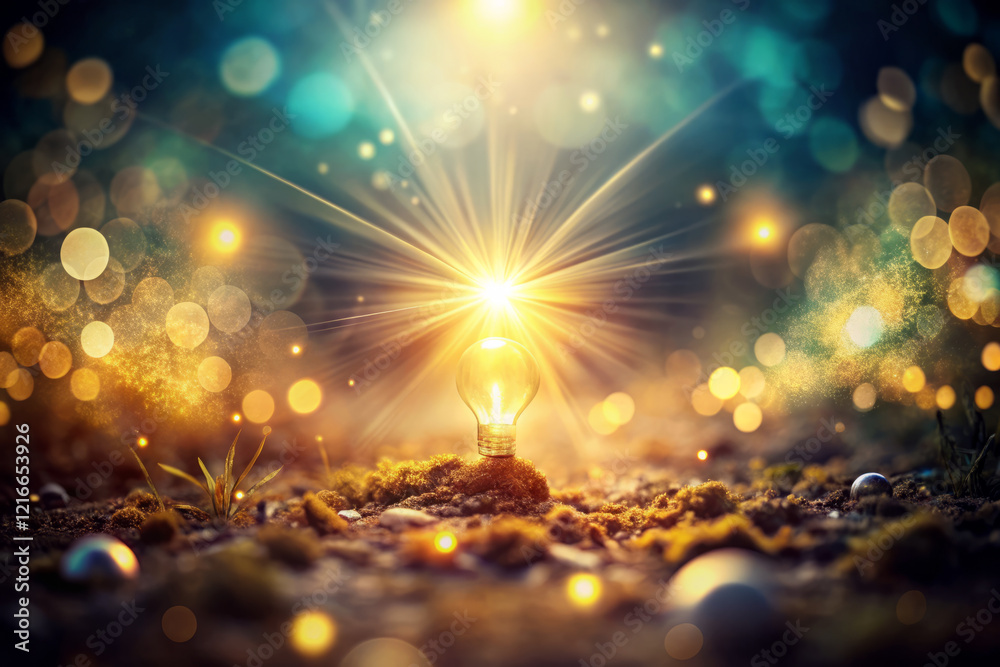 Naklejka premium glowing light bulb surrounded by shimmering bokeh and soft colors creates ethereal atmosphere