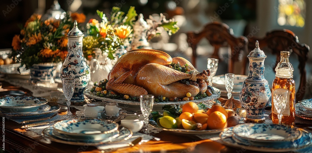 Elegant Thanksgiving Feast Featuring a Perfectly Roasted Turkey Surrounded by Seasonal Fruits and Beautifully Arranged Table Decor in a Warm Atmosphere Elegant Thanksgiving Feast Featuring a Perfectly Roasted Turkey Surrounded by Seasonal Fruits and Beautifully Arranged Table Decor in a Warm Atmosphere