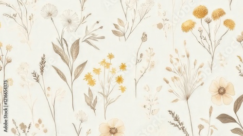 seamless floral pattern with wild flowers and leaves in beige and yellow