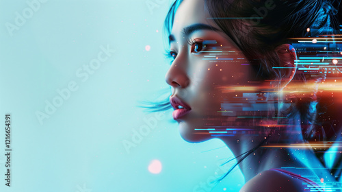 Futuristic portrait of a young asian woman with digital glitch effects overlaying her face against blue background.